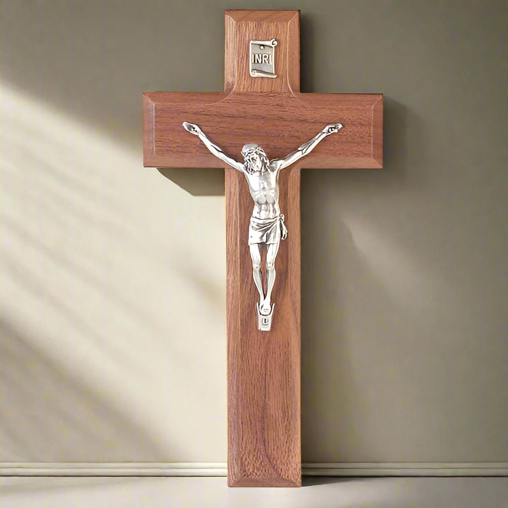 Antique Silver Plated Corpus and Walnut Wood Wall Crucifix - 8 inch