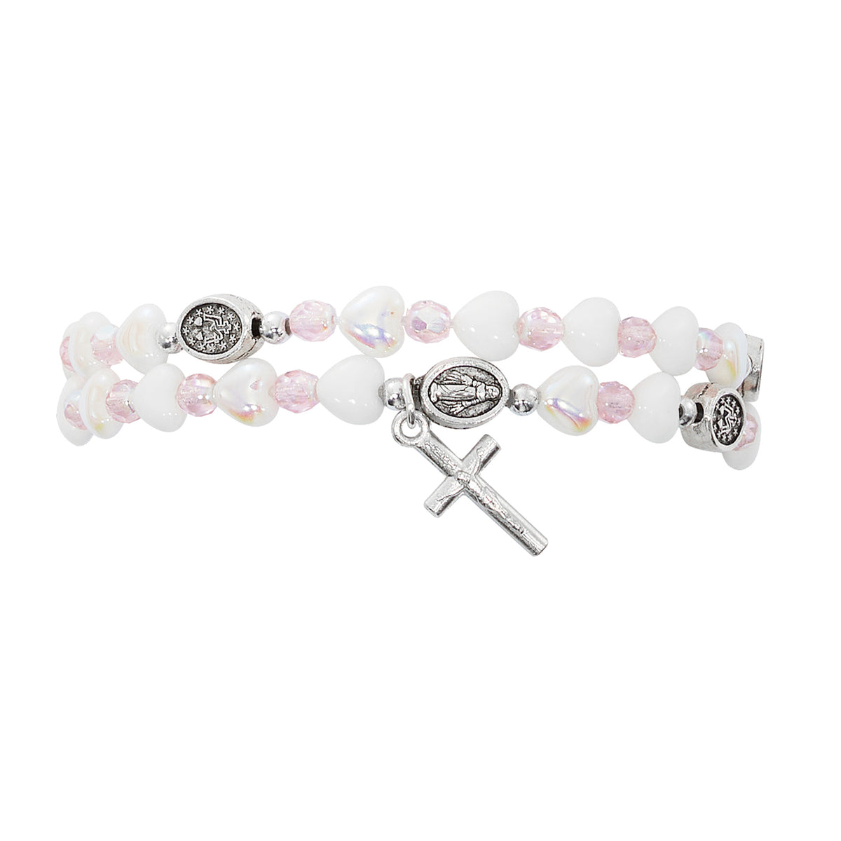 Pink and White Heart Rosary Wrap Bracelet