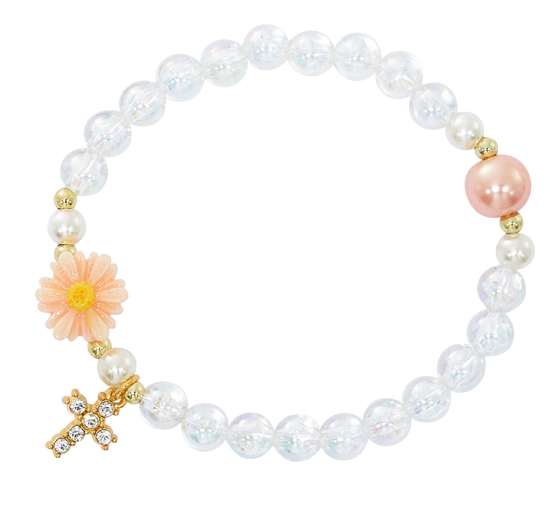 AB Crystal Stretch Bracelet with Peach Flower and Cross