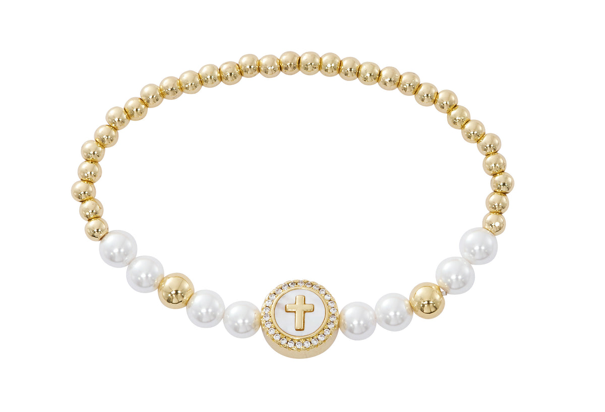 Gold Plated Pearl Stretch Bracelet with Mother of Pearl Cross
