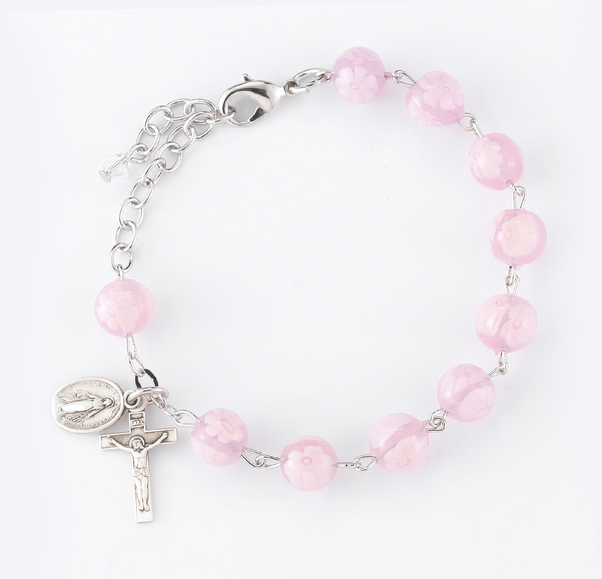 8mm Pink Venetian Glass Flower Rosary Bracelet, Sterling Silver