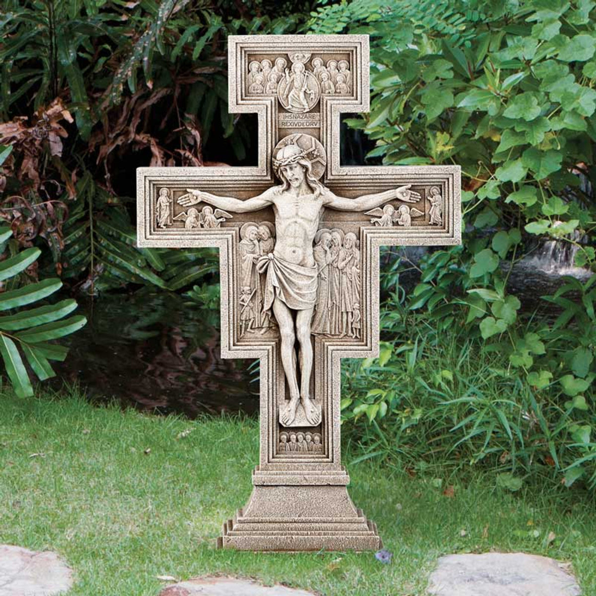 Semeid San Damiano Crucifix Wall Cross - 10 Inch White Resin Jesus Statue, Catholic Religious Home Decor