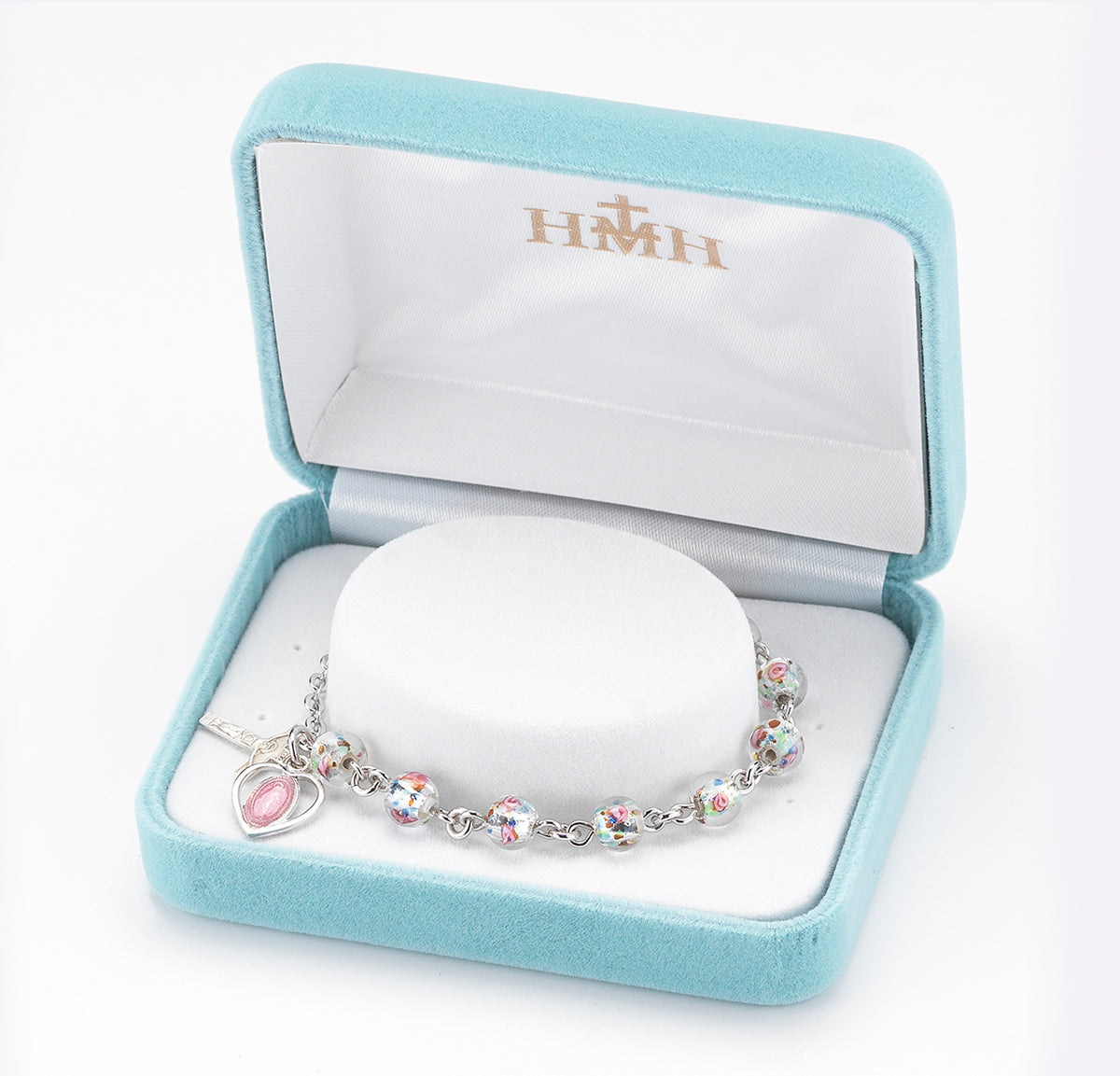 6mm Rose Embedded Glass Rosary Bracelet, Sterling Silver