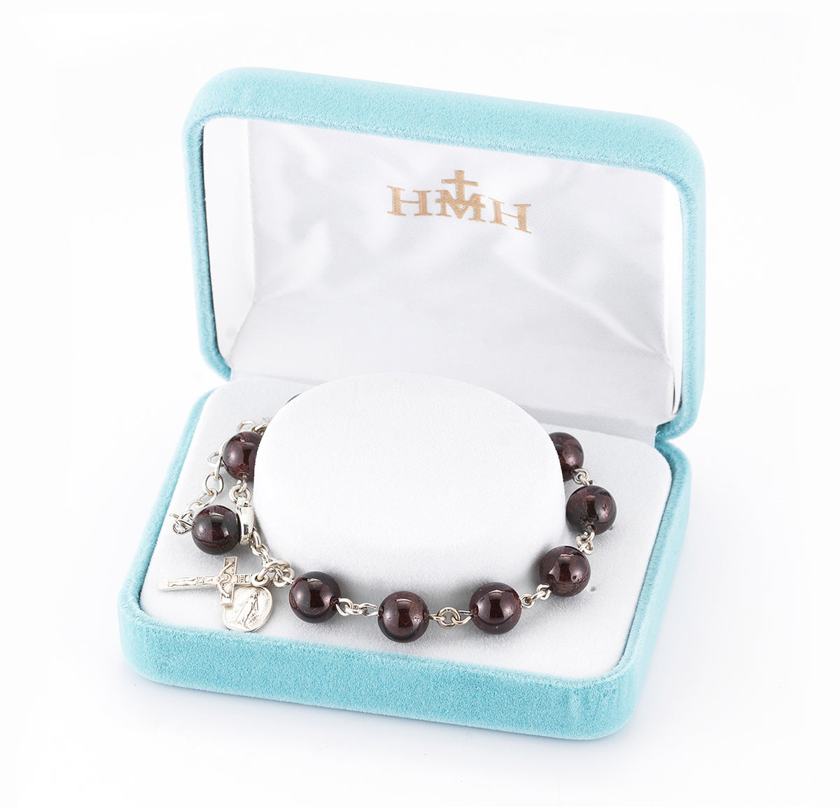 8mm Genuine Garnet Round Rosary Bracelet, Sterling Silver
