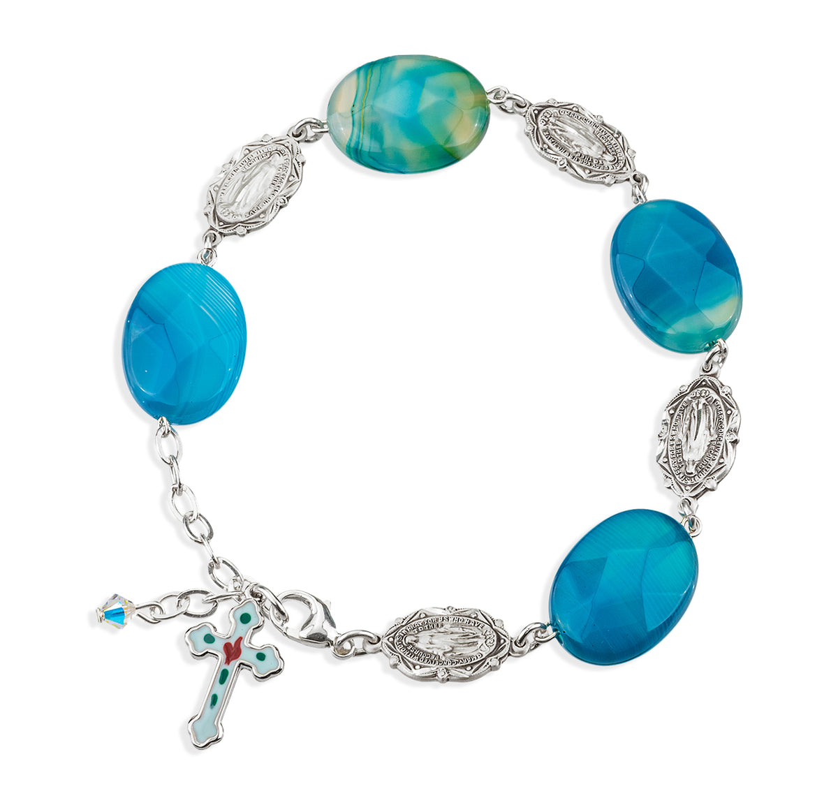 Blue Agate Rosary Bracelet with Miraculous Medal Beads, Sterling Silver