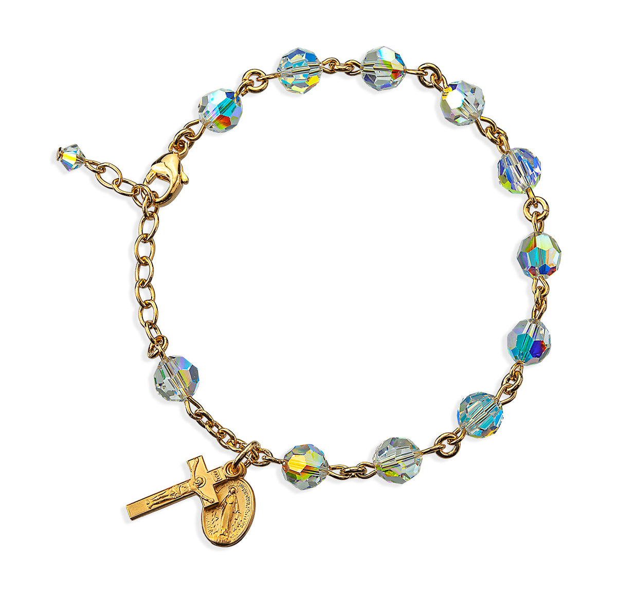 7mm Aurora Borealis Swarovski Crystal Round Rosary Bracelet, Gold Over Sterling Silver