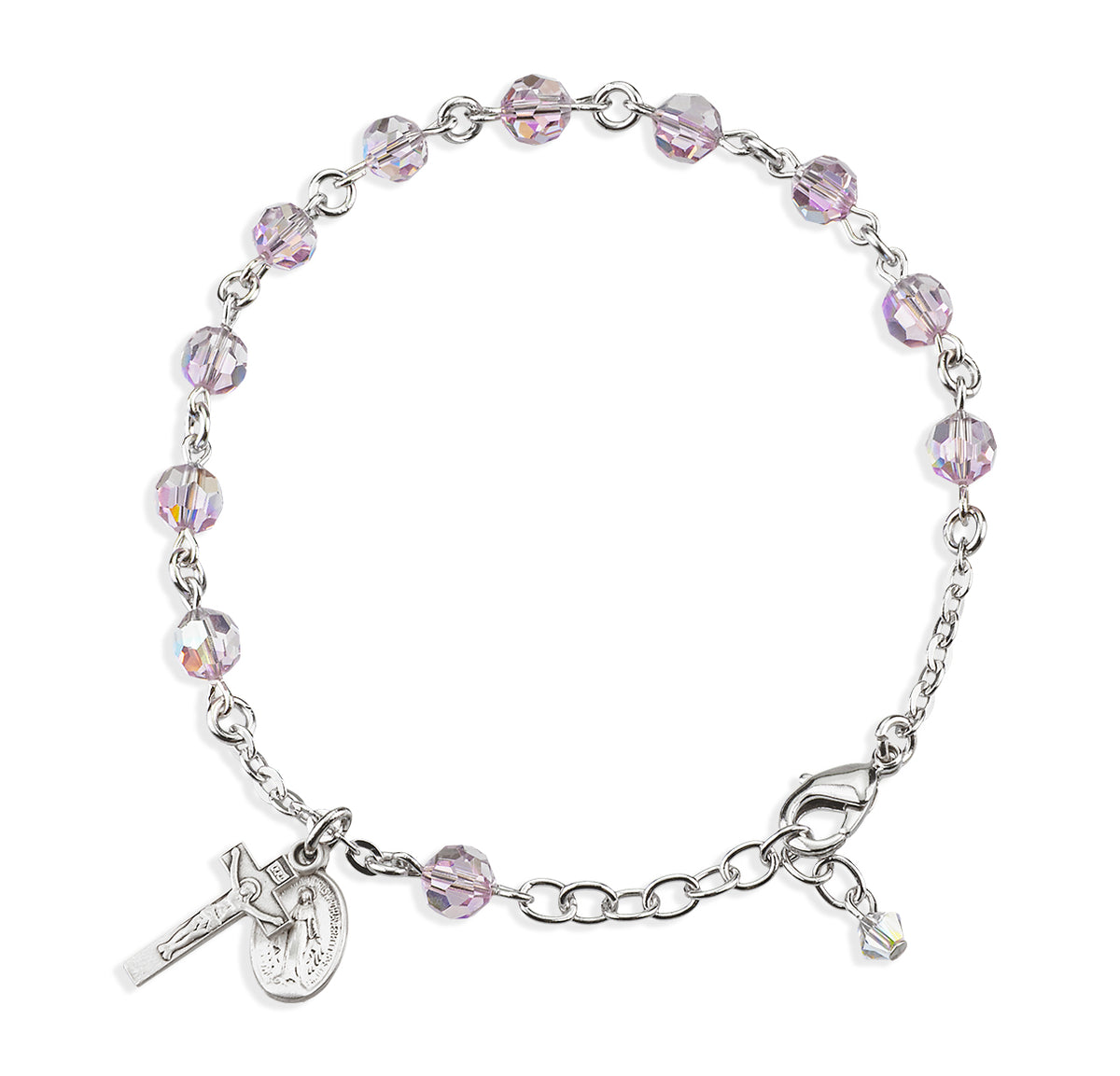 6mm Light Amethyst Swarovski Crystal Round Rosary Bracelet, Sterling Silver
