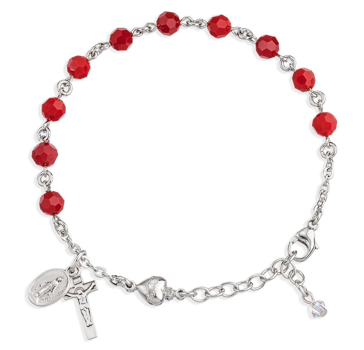 6mm Coral Swarovski Crystal Round Rosary Bracelet, Sterling Silver