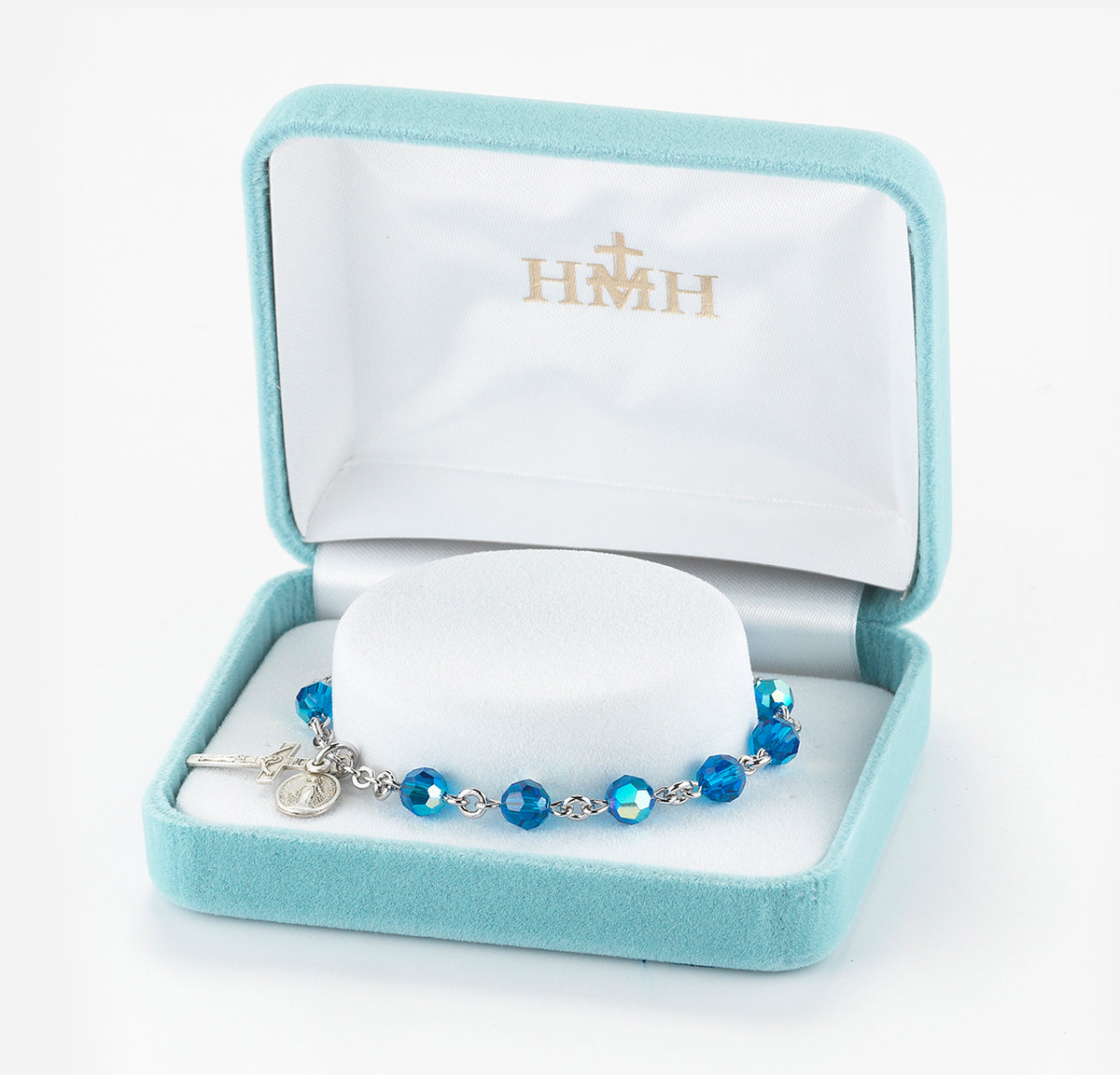 6mm Sapphire Swarovski Crystal Round Rosary Bracelet, Sterling Silver