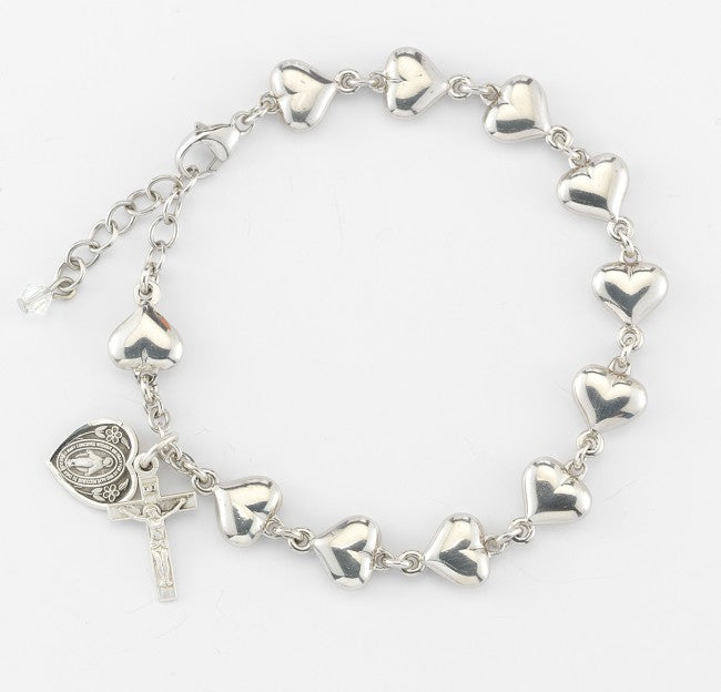 Solid Heart Shaped Sterling Silver Rosary Bracelet 8mm