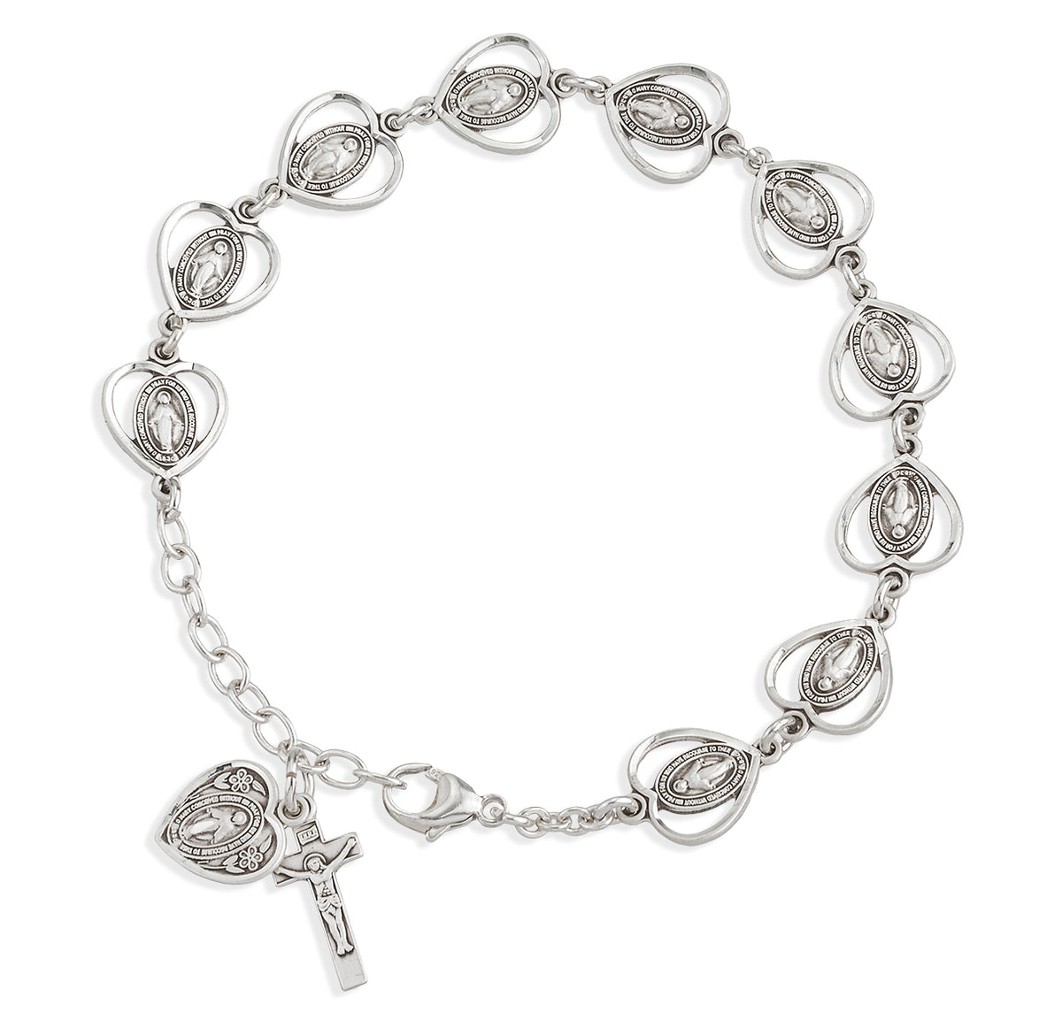 Pierced Miraculous Medal Heart Bead Rosary Bracelet, Sterling Silver