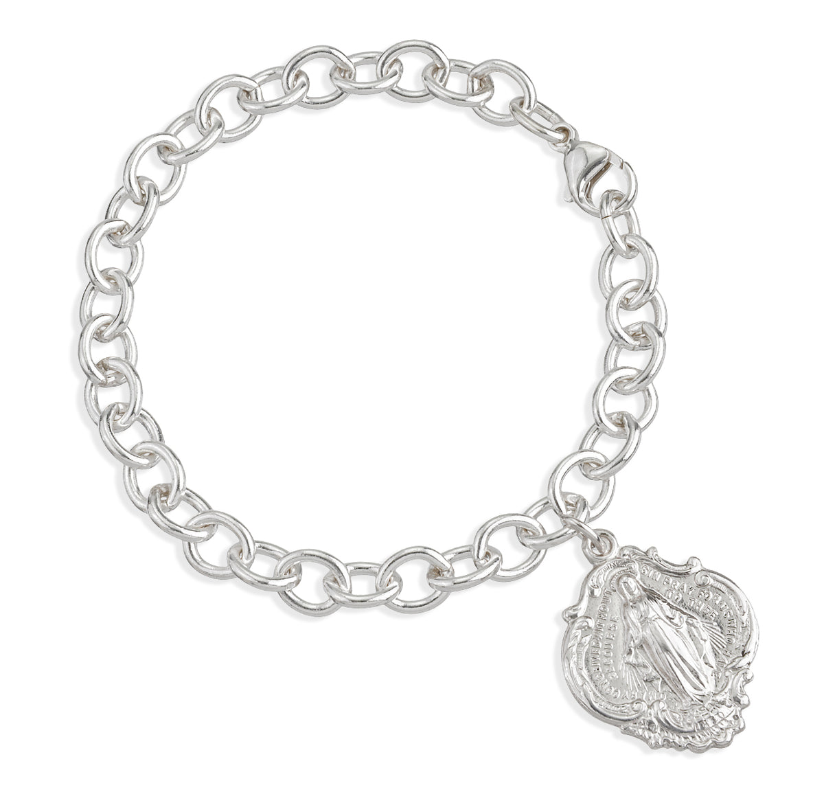 Hail Mary Miraculous Medal Charm Link Bracelet, Sterling Silver