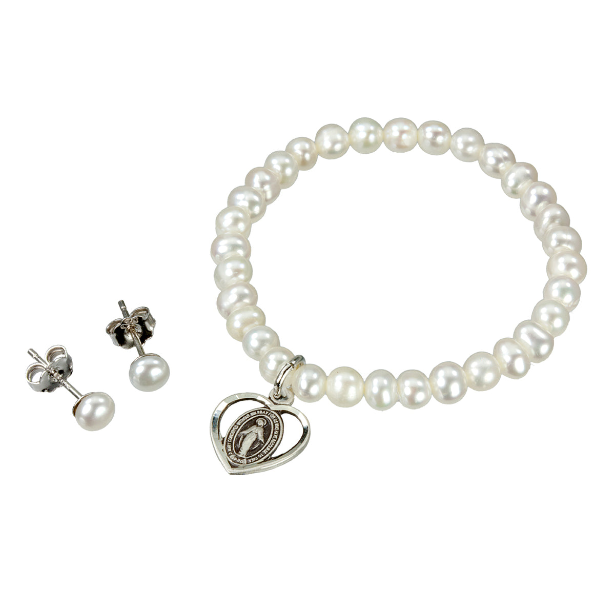 Girls Freshwater Pearl Miraculous Heart Bracelet and Earring Set