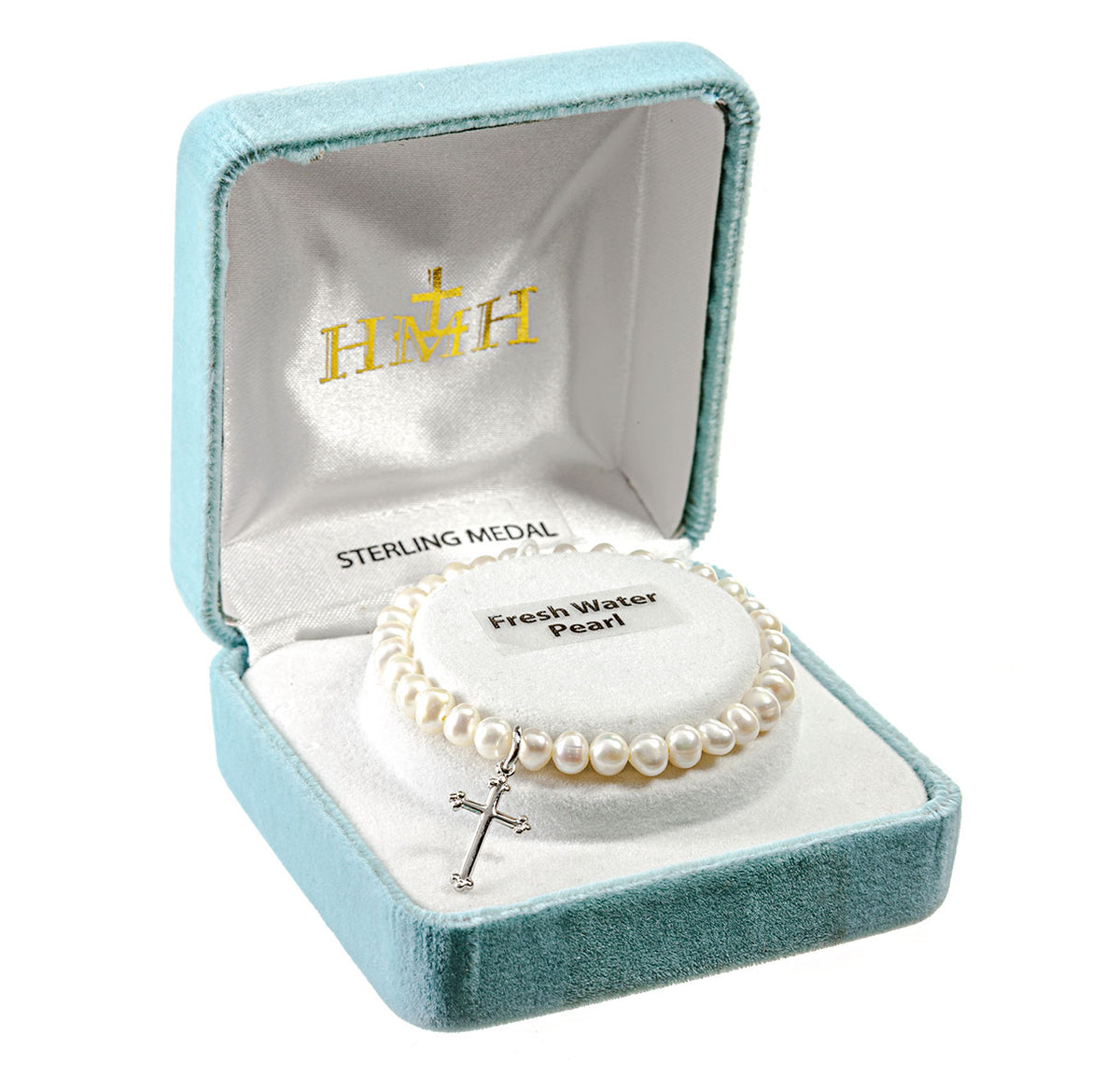 Girls Freshwater Pearl Stretch Bracelet with Sterling Silver Cross