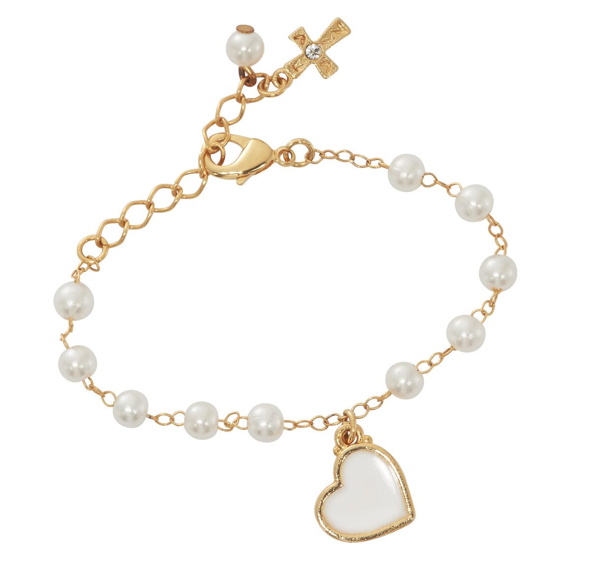 Gold Plated Pearl Rosary Bracelet with White Heart