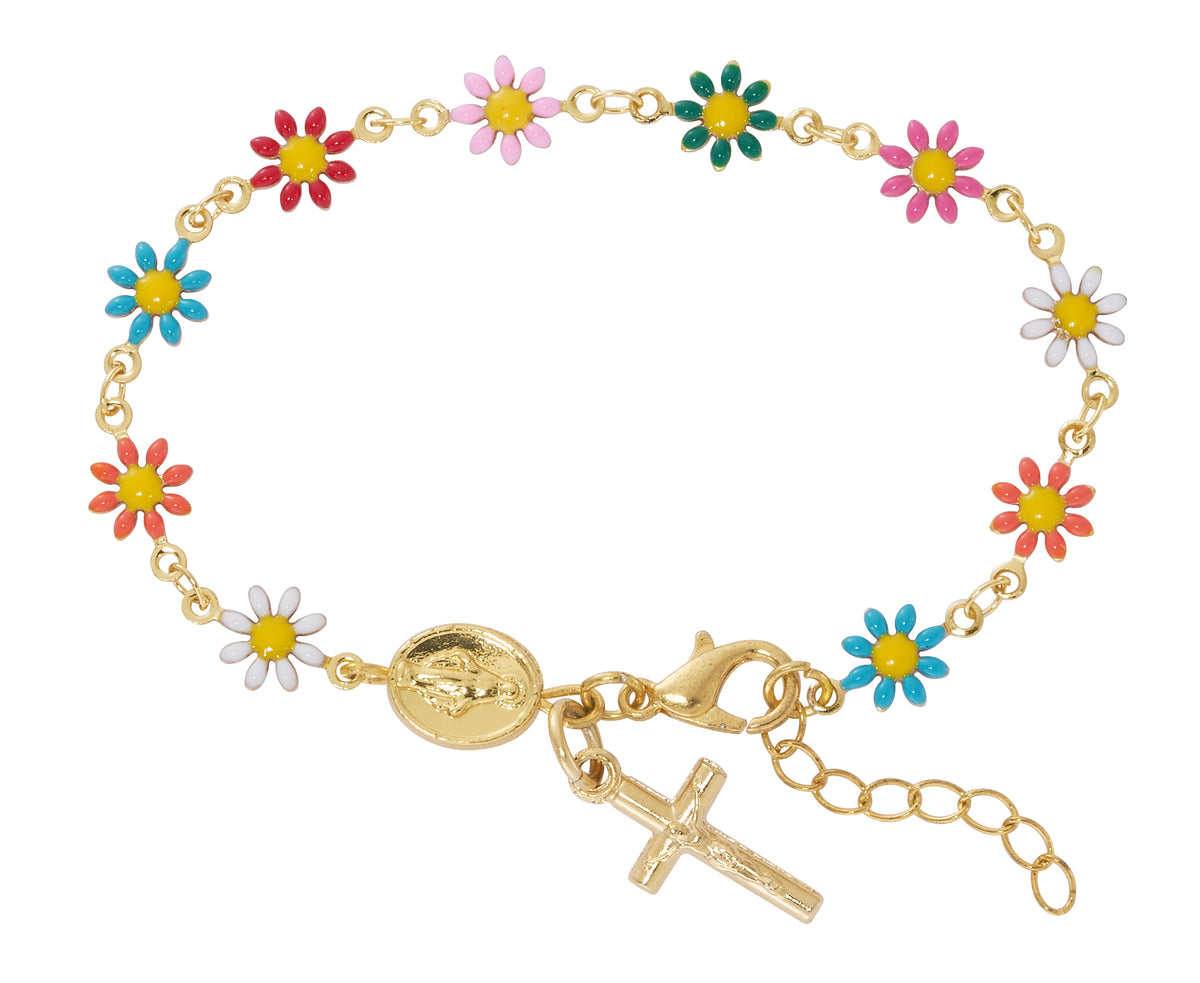 Gold Plated Colorful Flower Rosary Bracelet