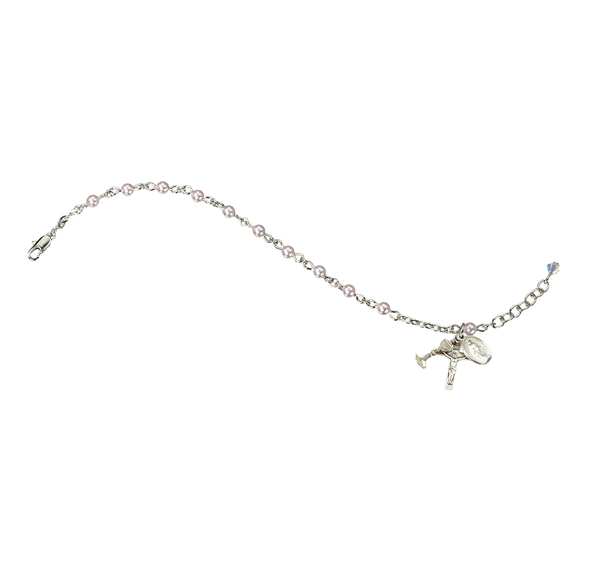 First Communion Rosary Bracelet, 4mm Pink Swarovski Crystal Pearl, Sterling Silver Chalice