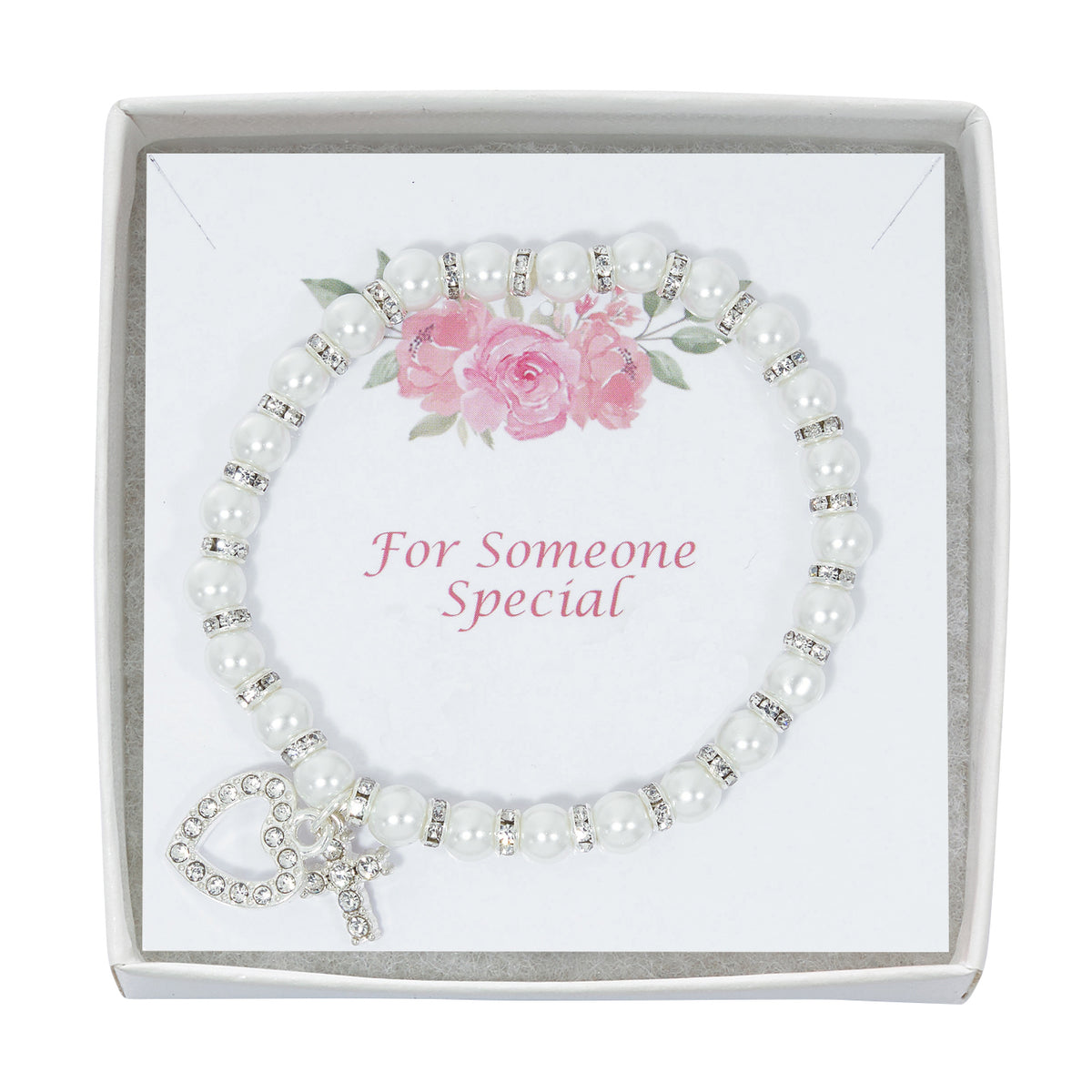 Pearl Stretch Bracelet with Crystal Cross and Heart