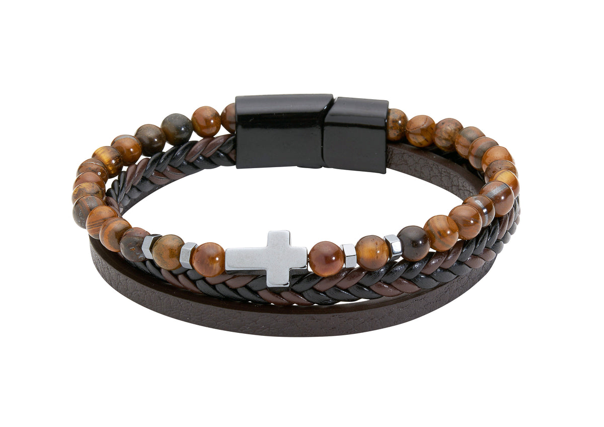 Men's Leather Gemstone Cross Bracelet