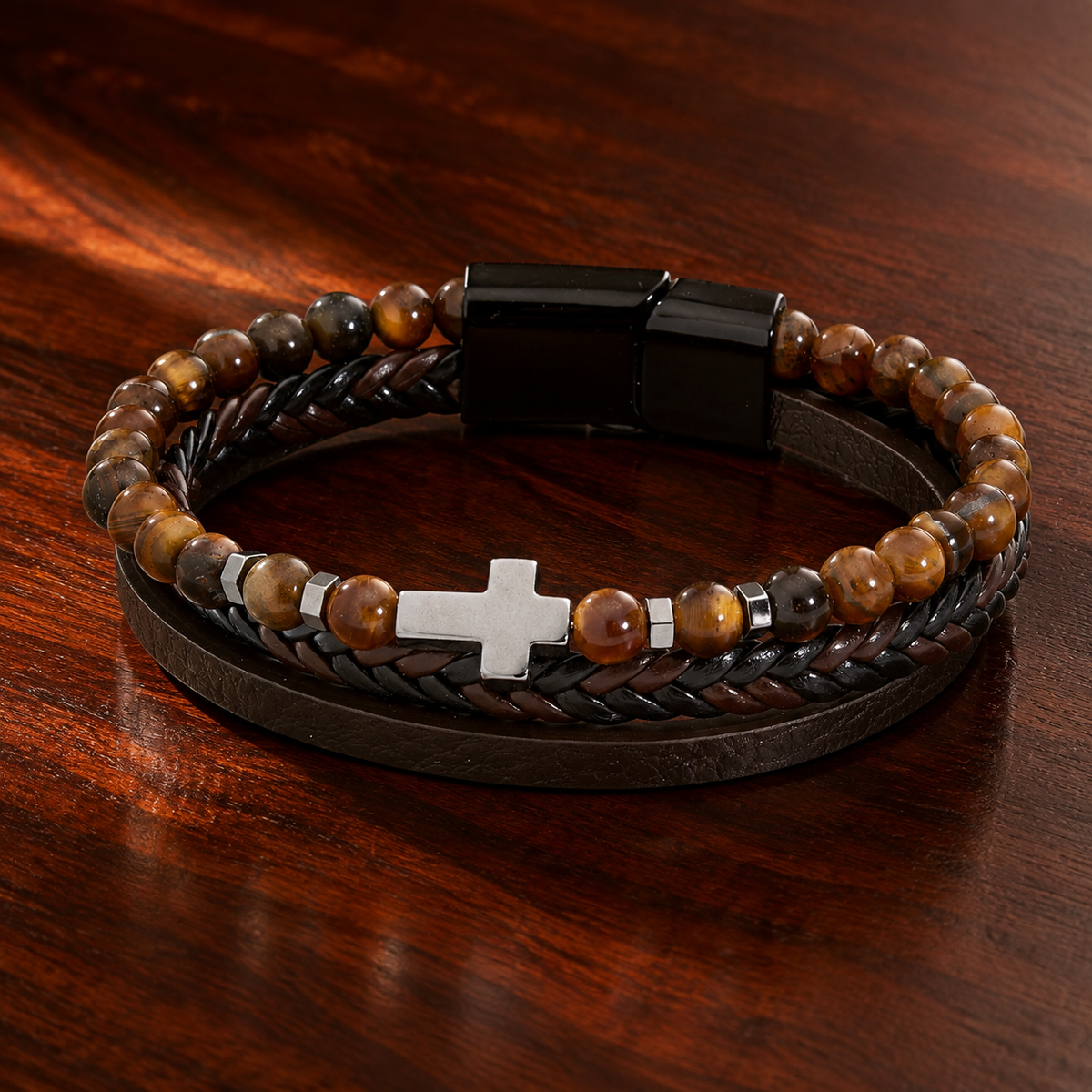 Men's Leather Gemstone Cross Bracelet