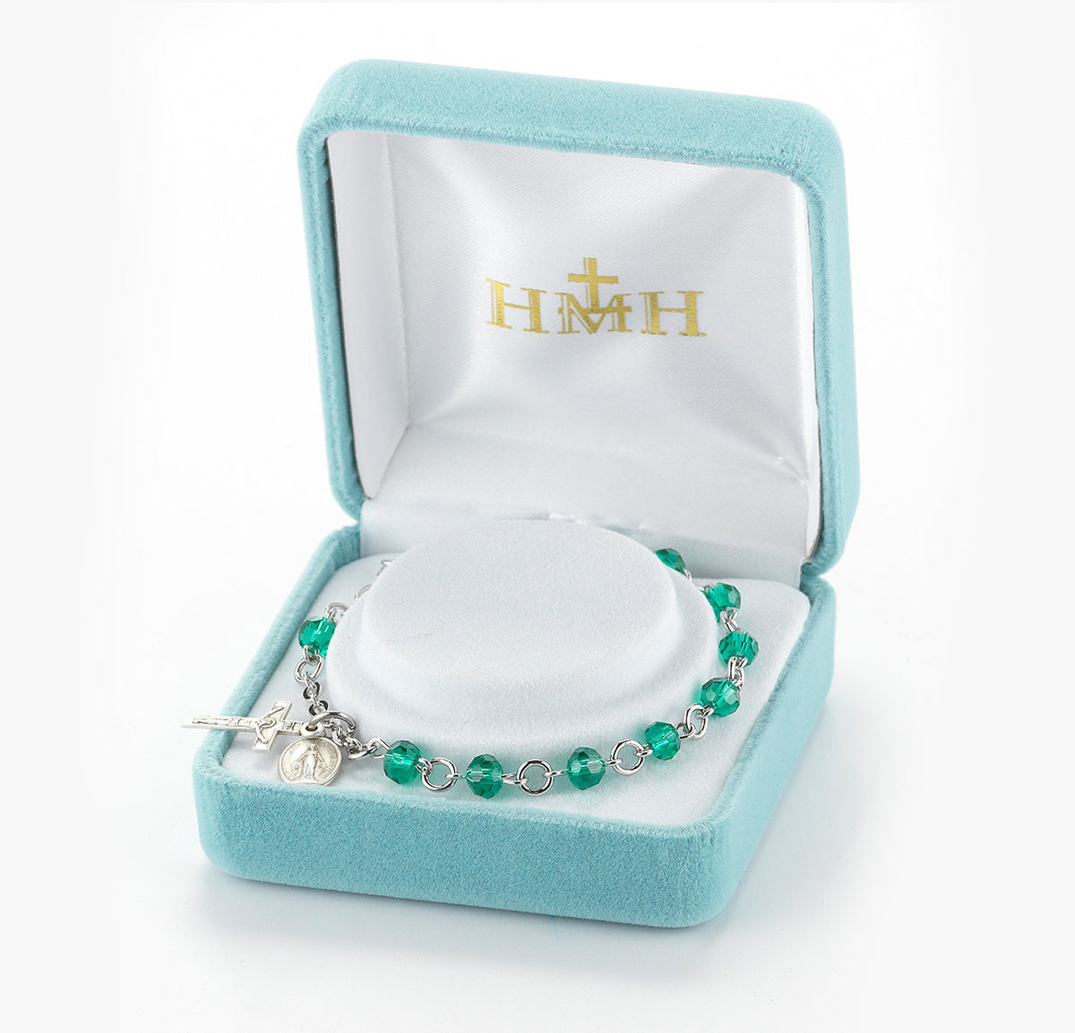 5mm Emerald Faceted Crystal Rosary Bracelet, Sterling Silver Medal and Crucifix