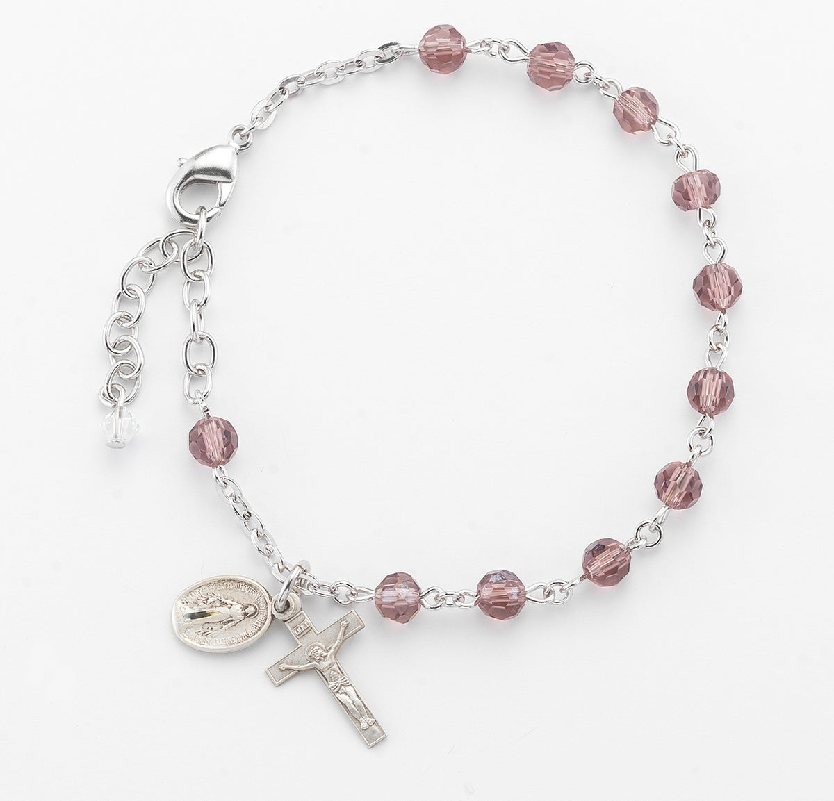 5mm Light Amethyst Faceted Crystal Rosary Bracelet, Sterling Silver Medal and Crucifix