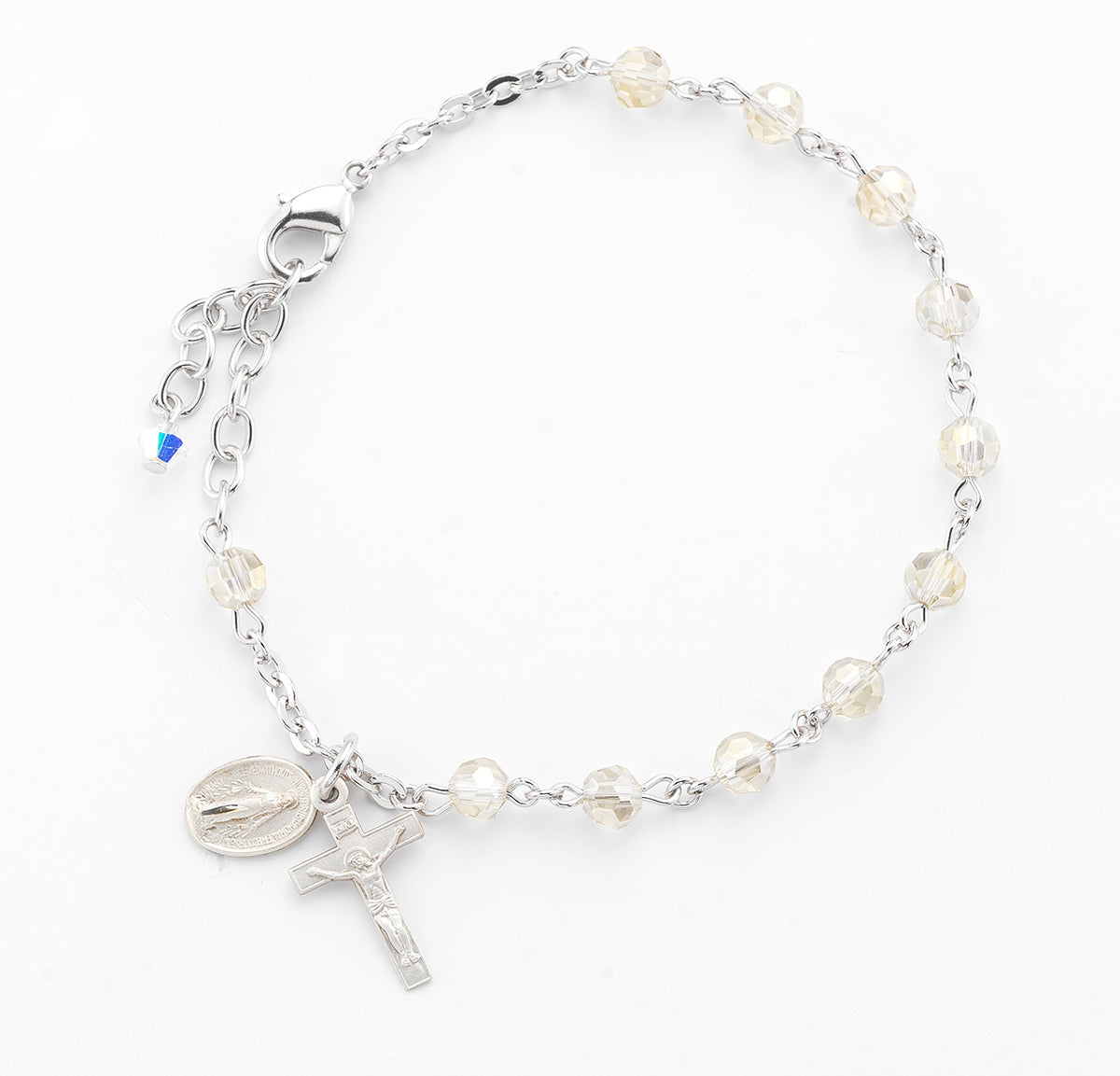 5mm Silk Faceted Crystal Rosary Bracelet, Sterling Silver Medal and Crucifix