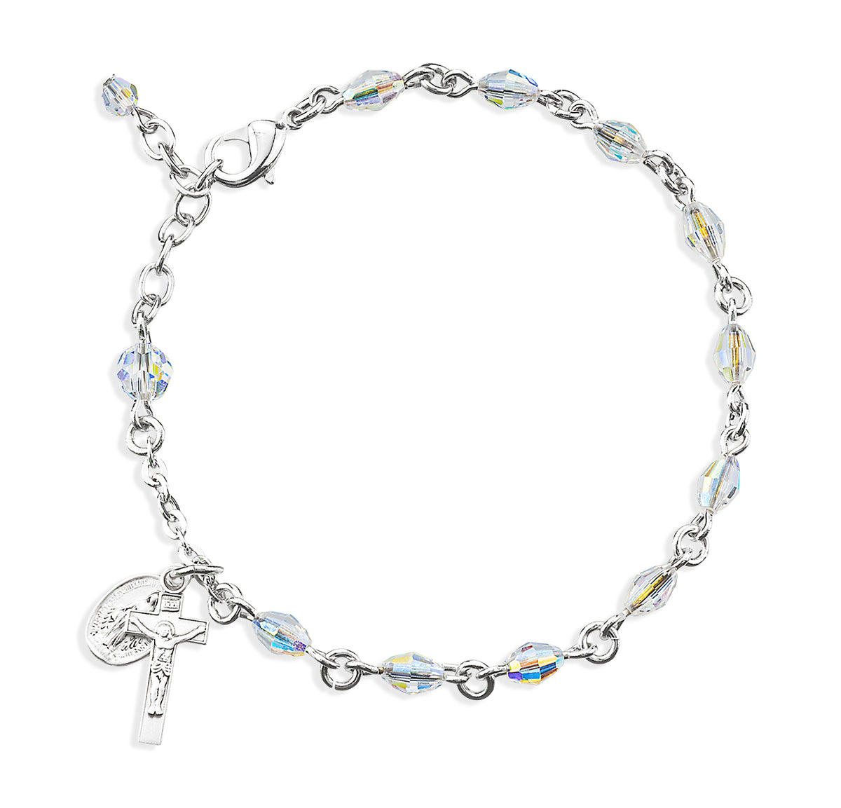 4x6mm Aurora Borealis Swarovski Crystal Helix Rosary Bracelet, Sterling Silver Medal and Crucifix