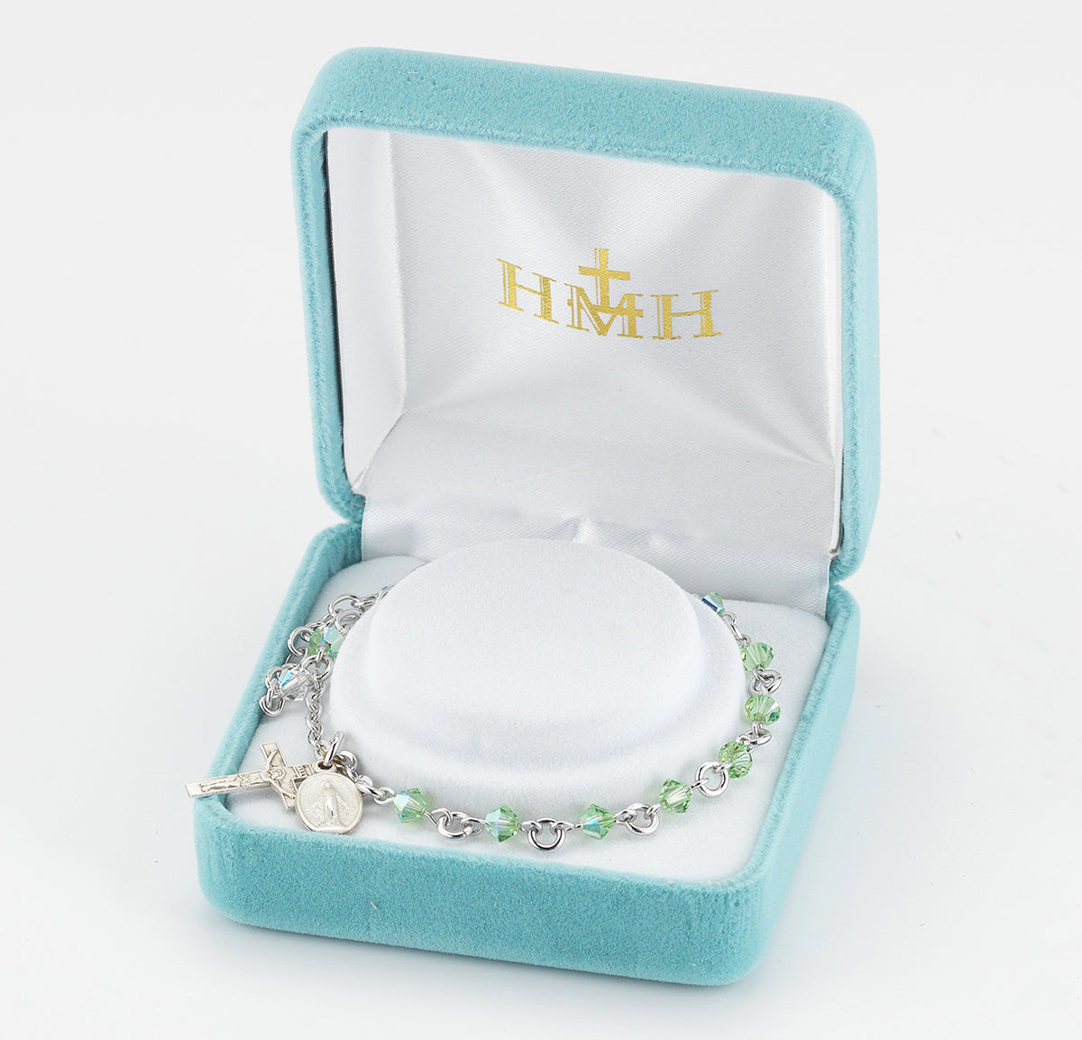 4mm Chrysolite Swarovski Crystal Rondelle Rosary Bracelet, Sterling Silver Medal and Crucifix