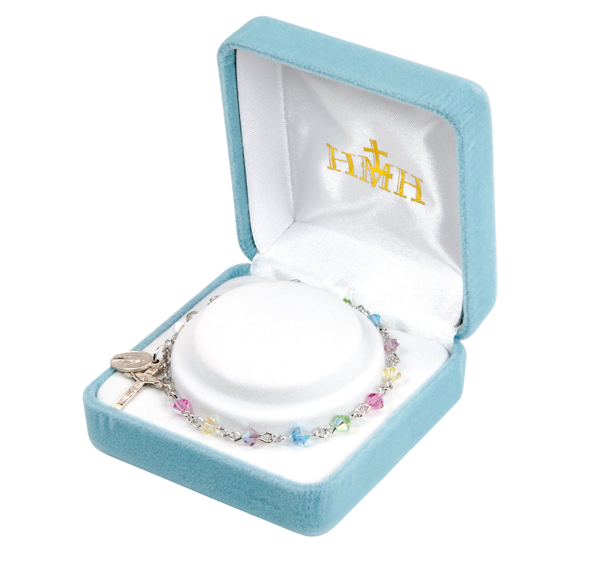 4mm Multi-Color Swarovski Crystal Rondelle Rosary Bracelet, Sterling Silver Medal and Crucifix