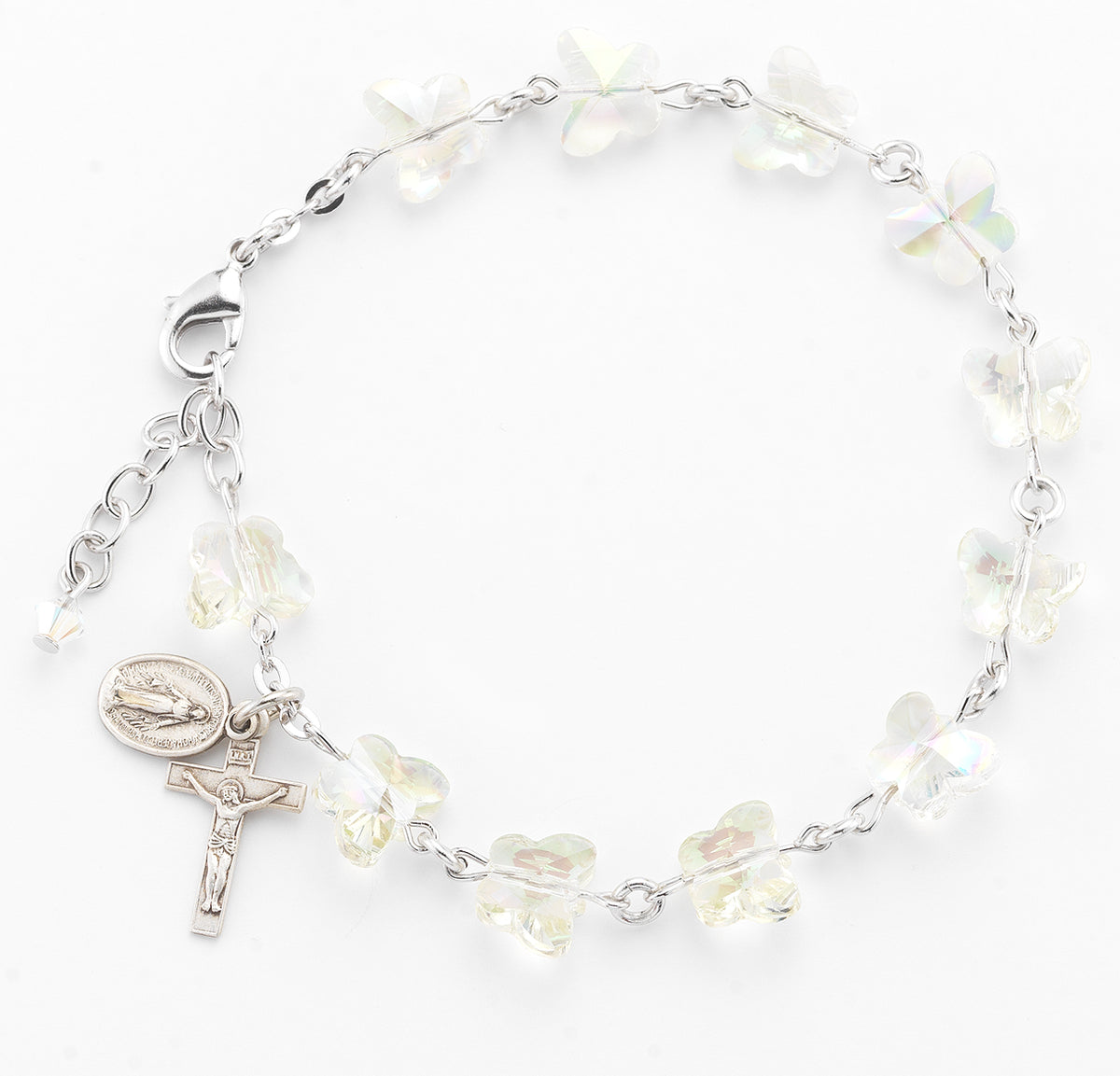 8mm Aurora Borealis Crystal Butterfly Rosary Bracelet, Sterling Silver Medal and Crucifix