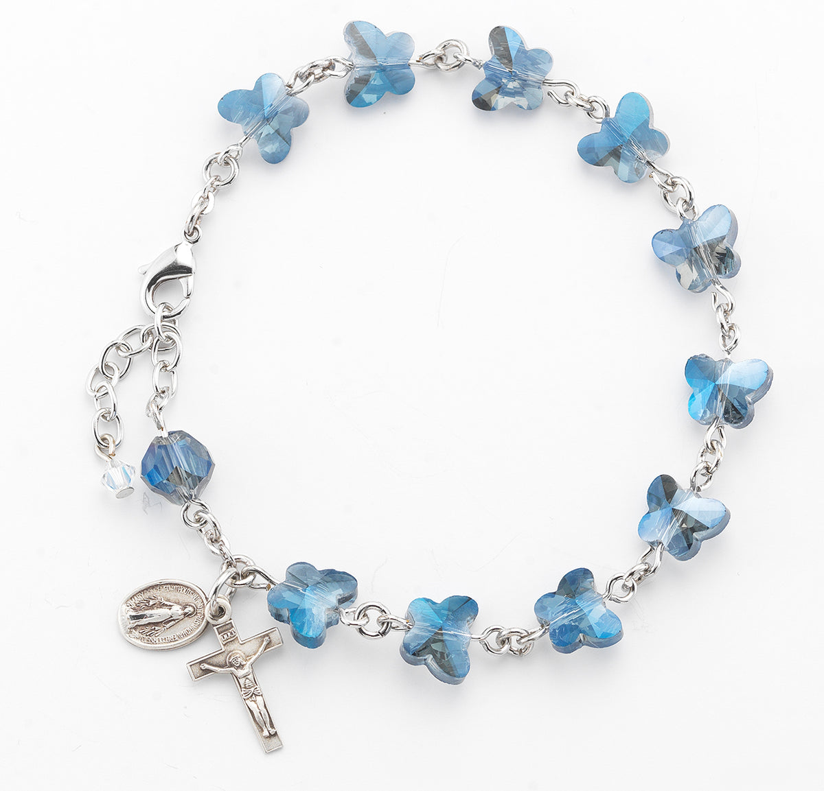 8mm Dark Blue Butterfly Rosary Bracelet, Sterling Silver Medal and Crucifix