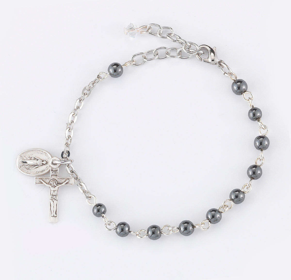 4mm Genuine Hematite Round Rosary Bracelet, Sterling Silver Medal and Crucifix