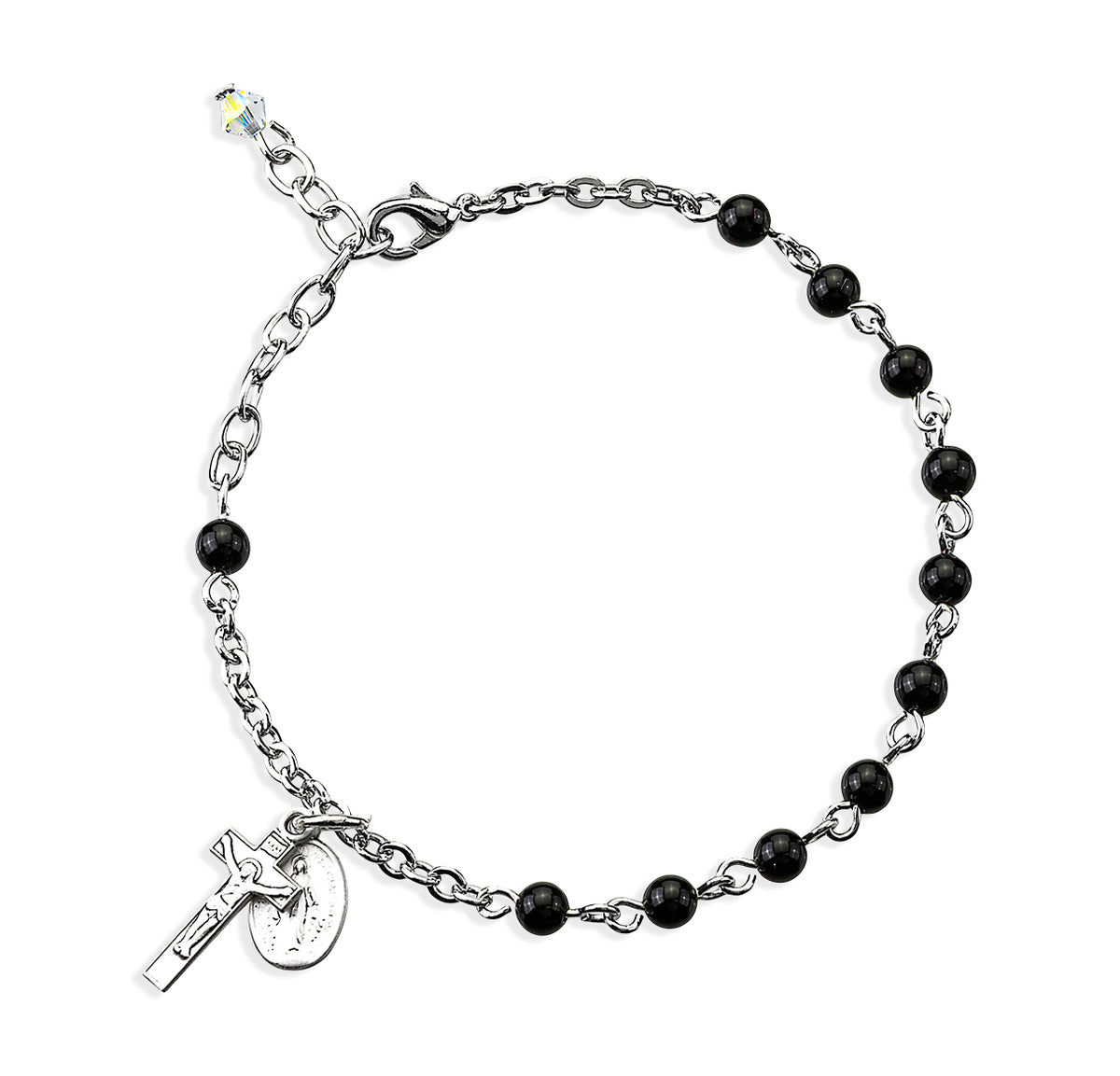 4mm Genuine Onyx Round Rosary Bracelet, Sterling Silver Medal and Crucifix