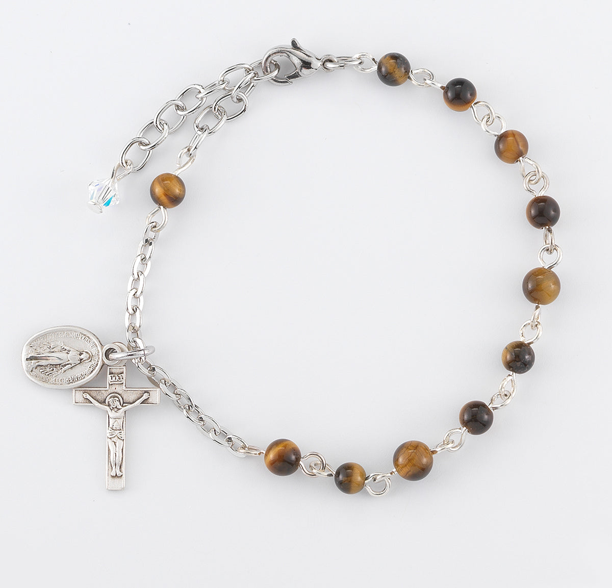 4mm Genuine Tiger Eye Round Rosary Bracelet, Sterling Silver Medal and Crucifix
