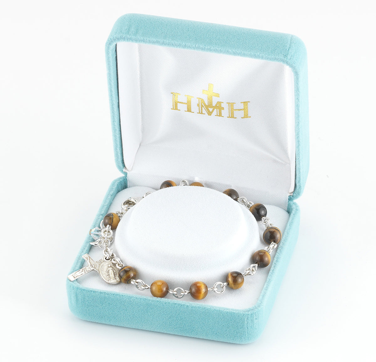 6mm Genuine Tiger Eye Round Rosary Bracelet, Sterling Silver Medal and Crucifix