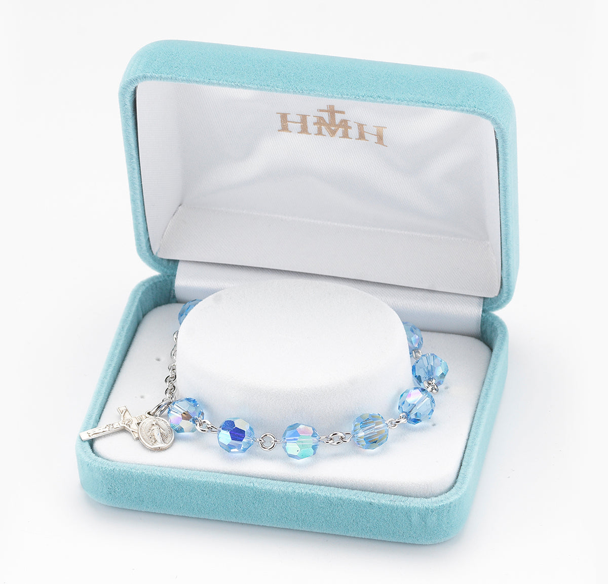 8mm Light Sapphire Swarovski Crystal Round Rosary Bracelet, Sterling Silver Medal and Crucifix
