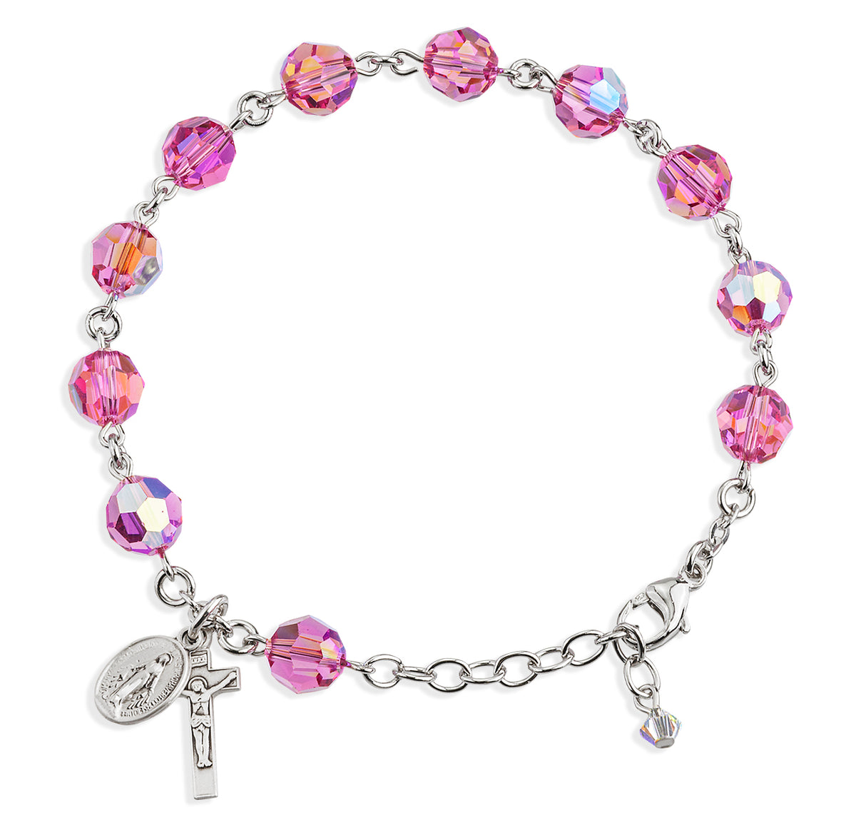 8mm Pink Swarovski Crystal Round Rosary Bracelet, Sterling Silver Medal and Crucifix
