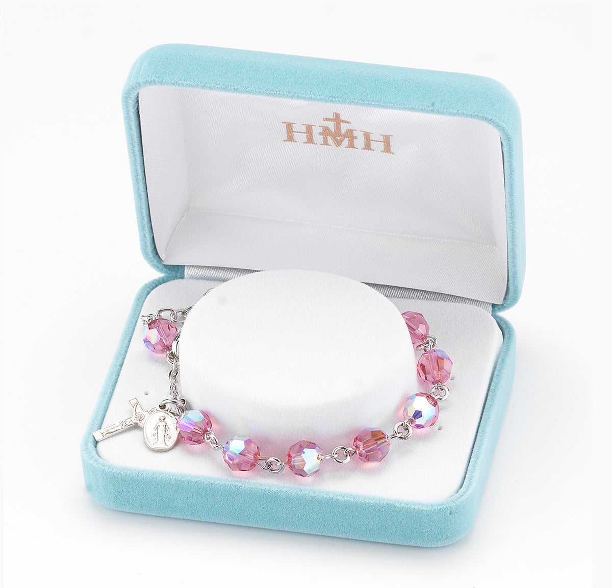 8mm Pink Swarovski Crystal Round Rosary Bracelet, Sterling Silver Medal and Crucifix
