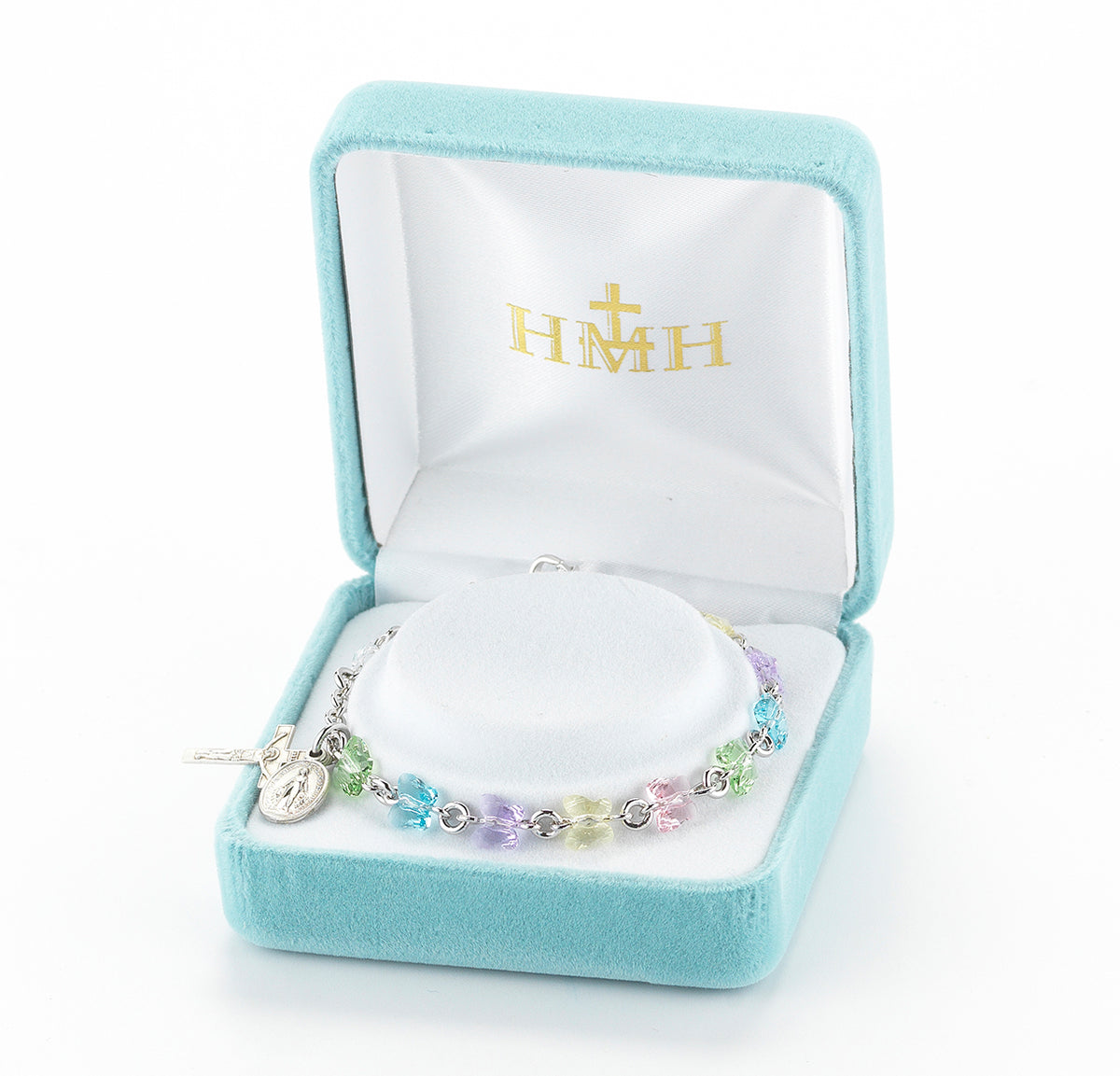 6mm Multi-Color Swarovski Crystal Butterfly Rosary Bracelet, Sterling Silver Medal and Crucifix