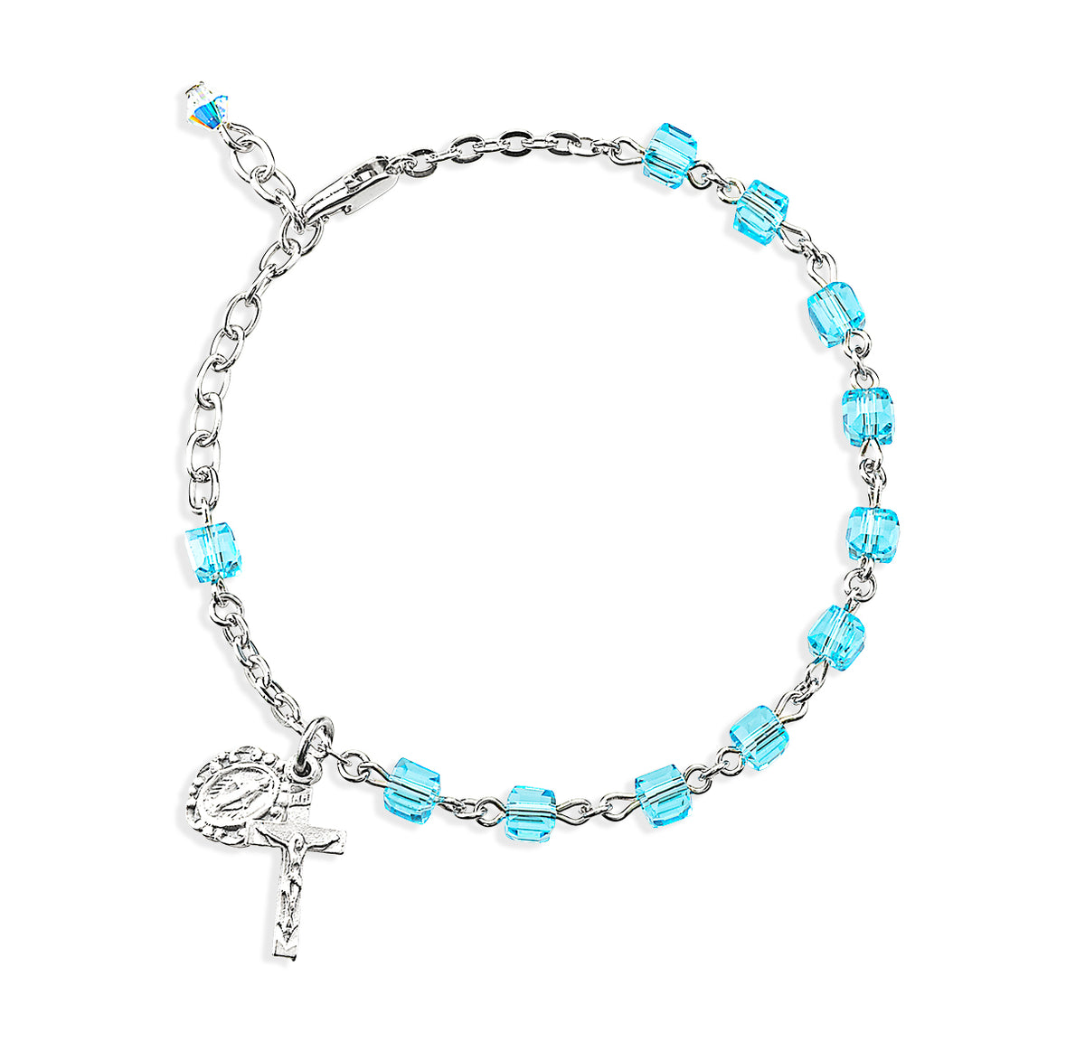 4mm Aqua Crystal Cube Rosary Bracelet, Sterling Silver Medal and Crucifix