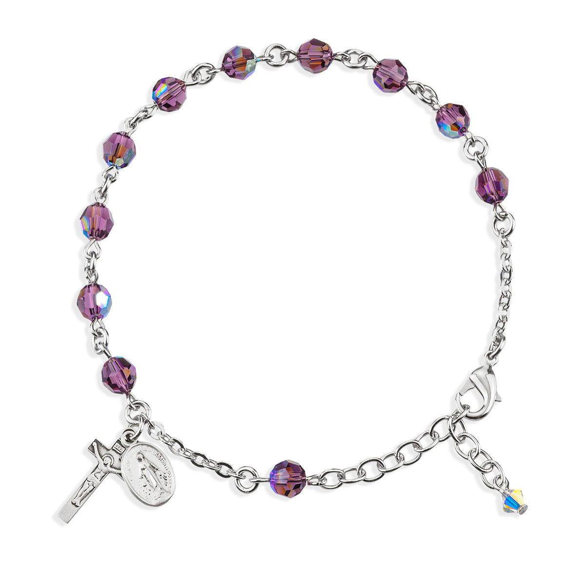 6mm Amethyst Swarovski Crystal Round Rosary Bracelet, Sterling Silver Medal and Crucifix