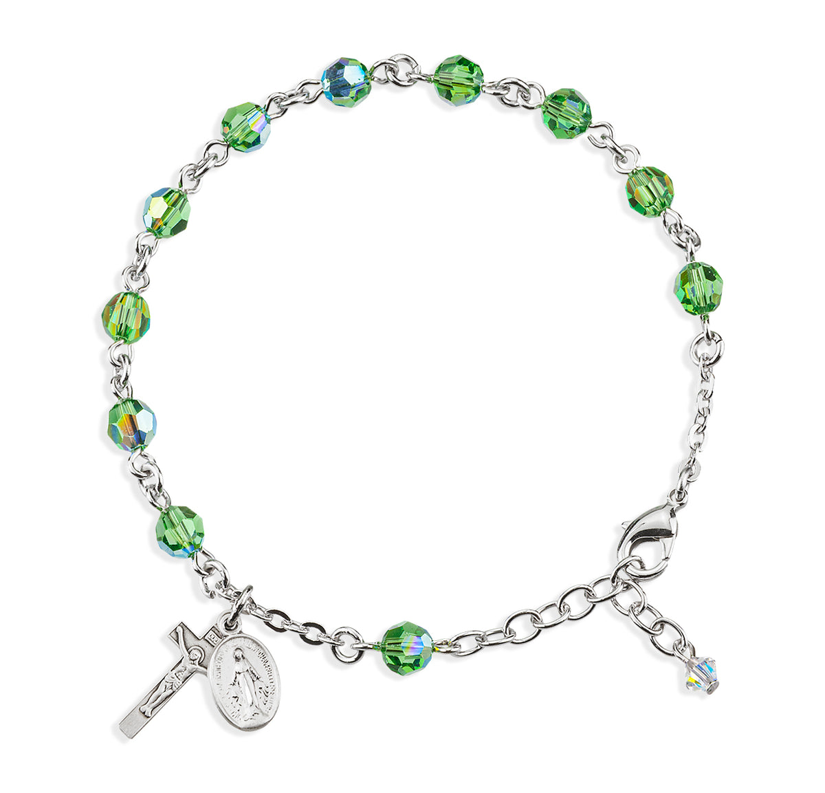 6mm Erinite Swarovski Crystal Round Rosary Bracelet, Sterling Silver Medal and Crucifix