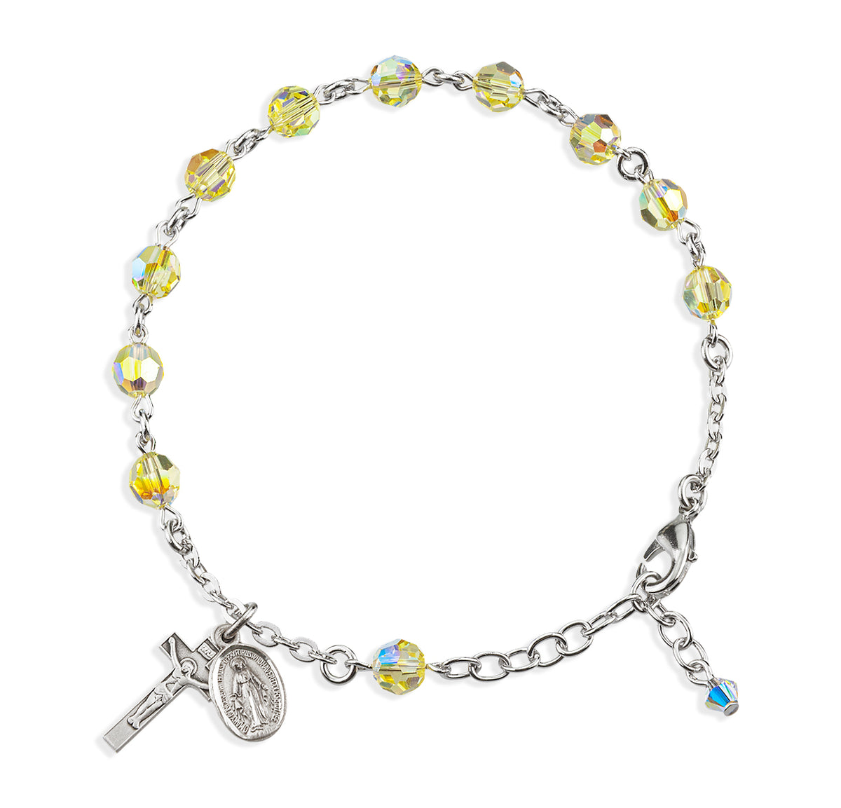 6mm Jonquil Swarovski Crystal Round Rosary Bracelet, Sterling Silver Medal and Crucifix