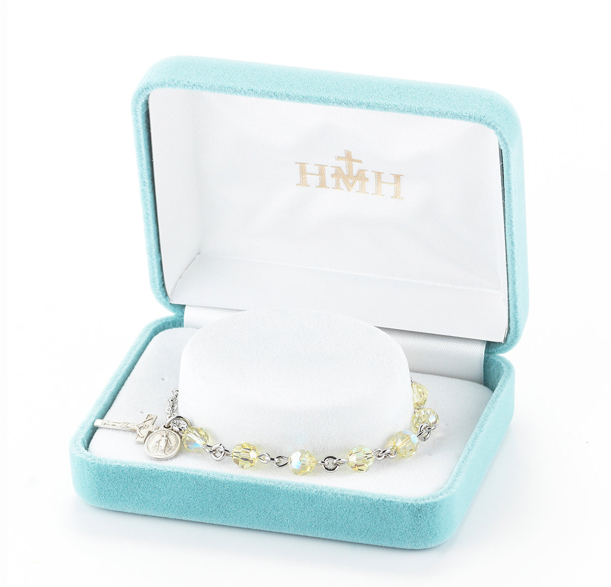 6mm Jonquil Swarovski Crystal Round Rosary Bracelet, Sterling Silver Medal and Crucifix