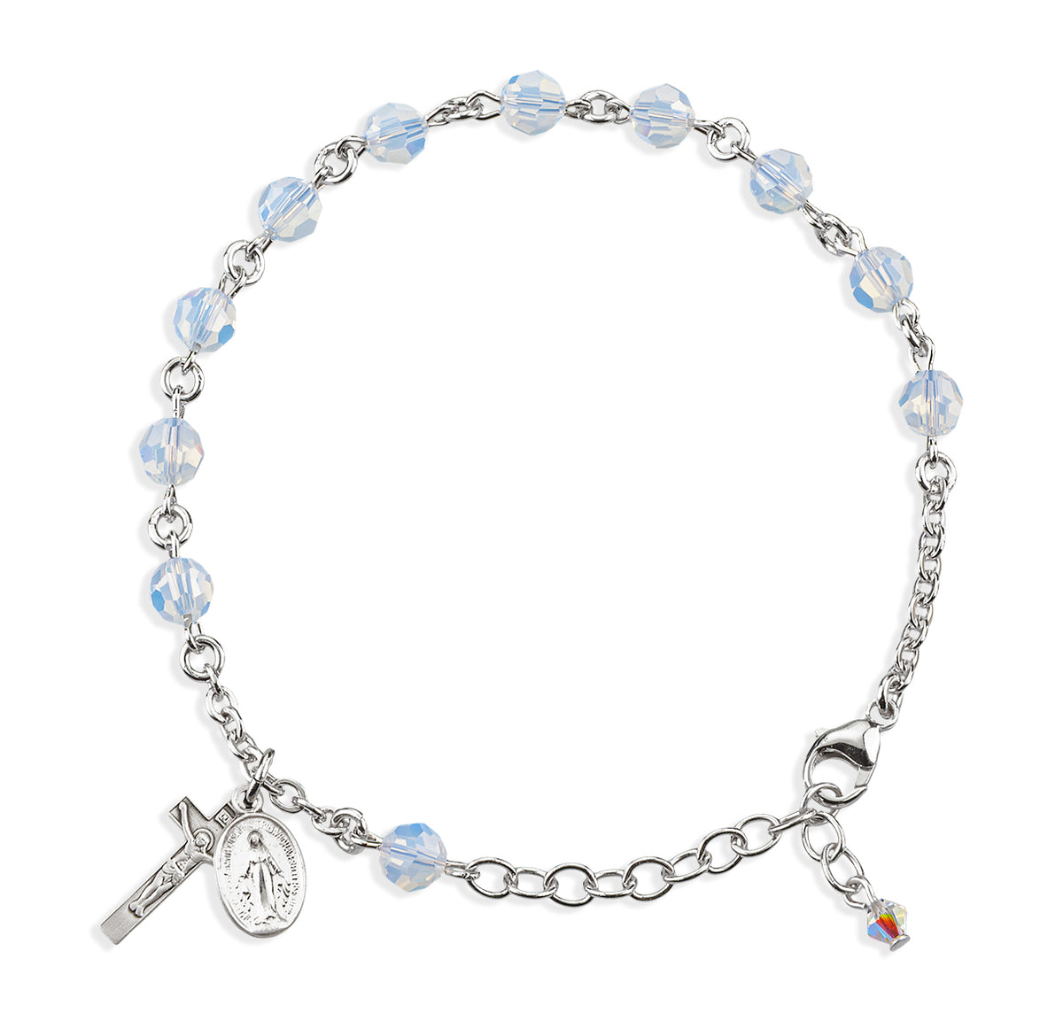 6mm Opal Swarovski Crystal Round Rosary Bracelet, Sterling Silver Medal and Crucifix