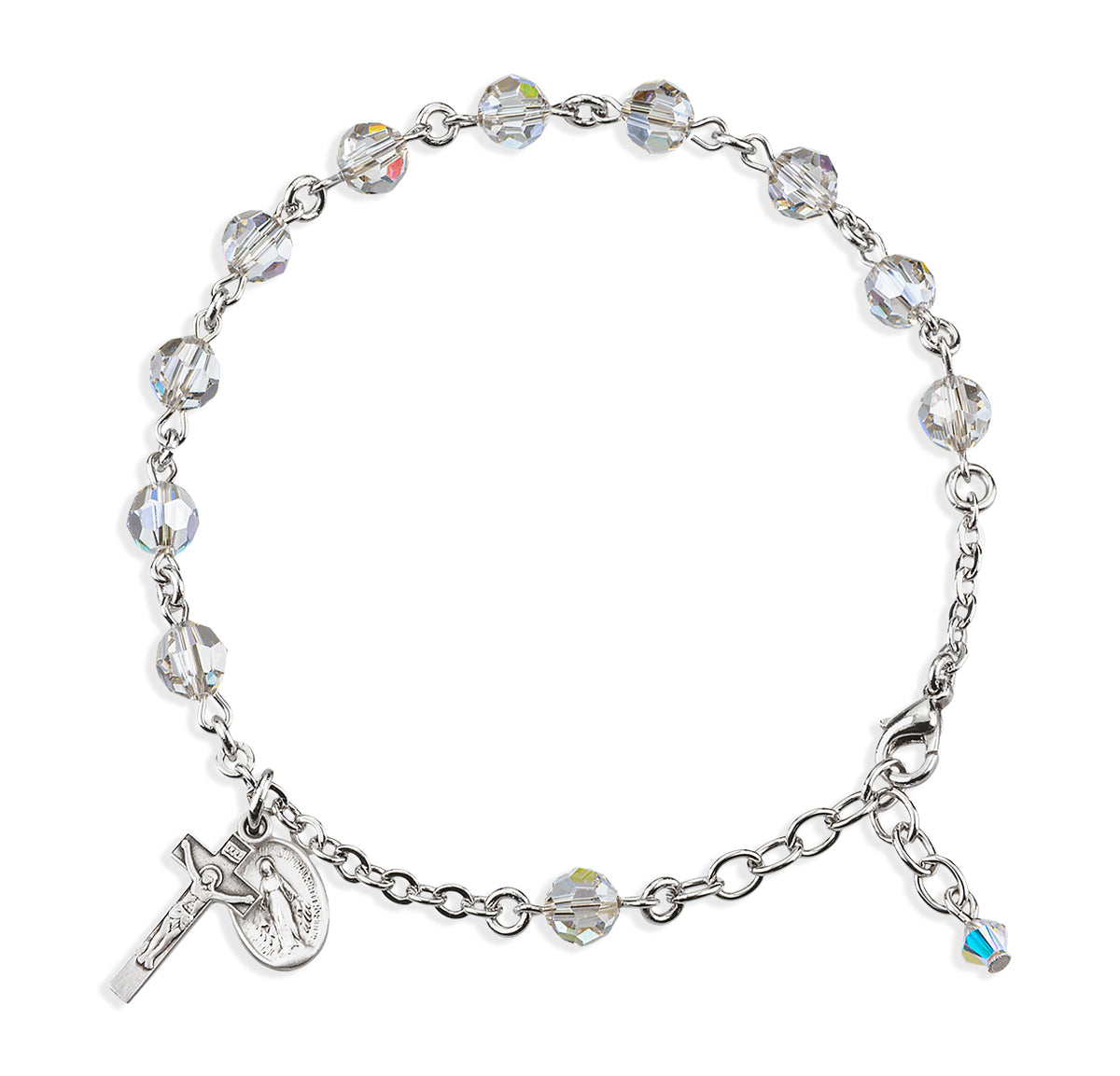 6mm Smoked Swarovski Crystal Round Rosary Bracelet, Sterling Silver Medal and Crucifix