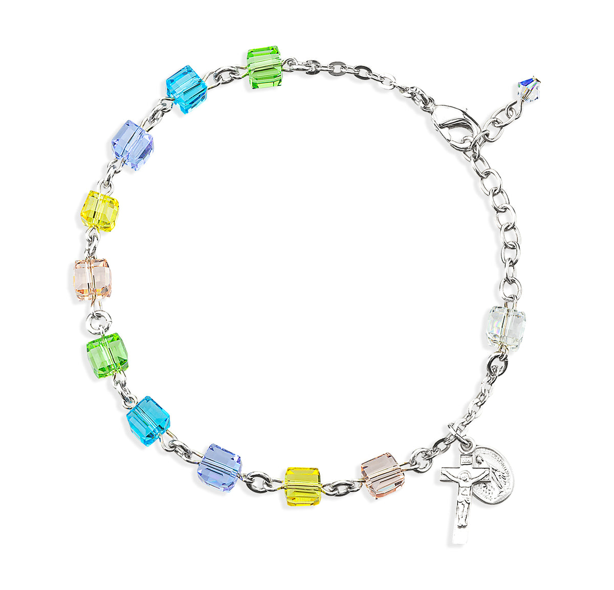 6mm Multi-Color Crystal Cube Rosary Bracelet, Sterling Silver Medal and Crucifix