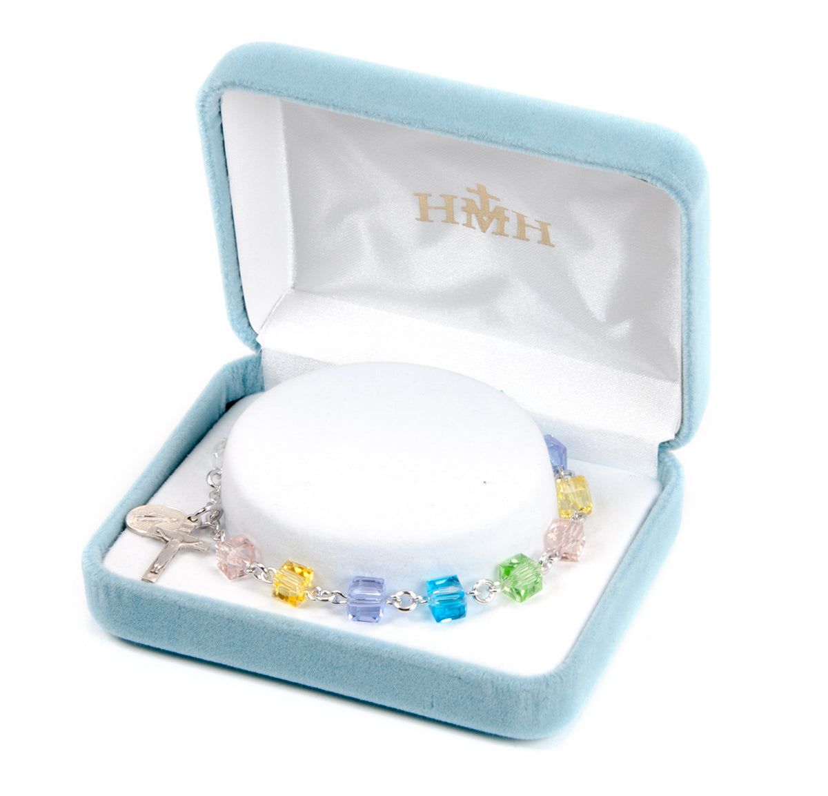 6mm Multi-Color Crystal Cube Rosary Bracelet, Sterling Silver Medal and Crucifix