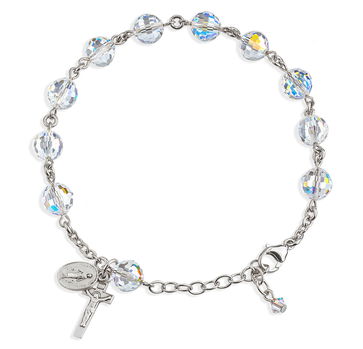8mm Aurora Borealis Swarovski Crystal Multi-Faceted Rosary Bracelet, Sterling Silver Medal and Crucifix